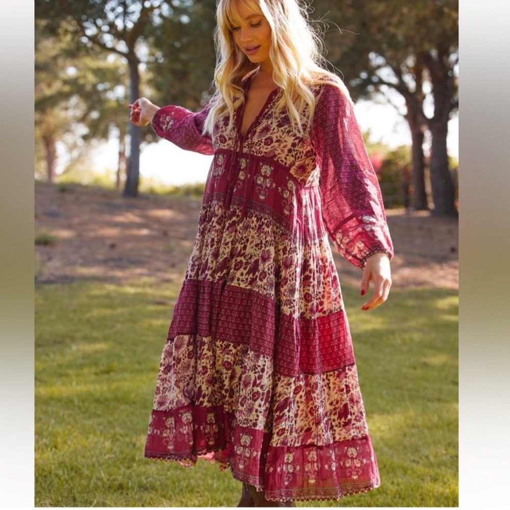 Blue Boheme Floral Red Bohemian long Sleeve 
Dress Medium Large Made in India